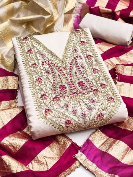 Opulent Off White Roman Silk Ethnic Suit with Organza Silk Jacquard Dupatta for Women 