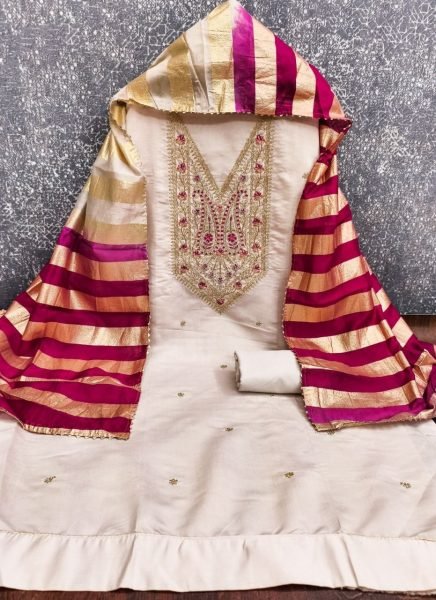 Opulent Off White Roman Silk Ethnic Suit with Organza Silk Jacquard Dupatta for Women Punjabi Dress Materials Wholesale
