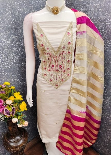 Opulent Off White Roman Silk Ethnic Suit with Organza Silk Jacquard Dupatta for Women Punjabi Dress Materials Wholesale