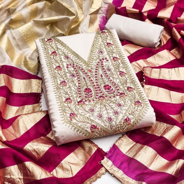 Opulent Off White Roman Silk Ethnic Suit with Organza Silk Jacquard Dupatta for Women Punjabi Dress Materials Wholesale