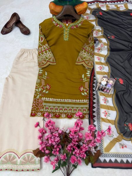Opulent Olive Green Roman Silk Kurti Palazzo Set with Digital Print Georgette Dupatta CO ORD Sets
