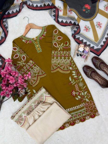 Opulent Olive Green Roman Silk Kurti Palazzo Set with Digital Print Georgette Dupatta CO ORD Sets