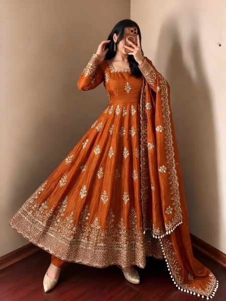 Opulent Orange Fendy Silk Gown with Full Sleeves Design for Bulk Order 