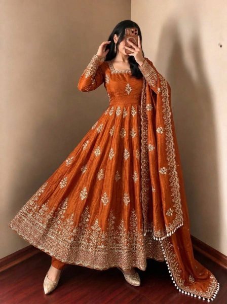 Opulent Orange Fendy Silk Gown with Full Sleeves Design for Bulk Order Ready To Wear Collection