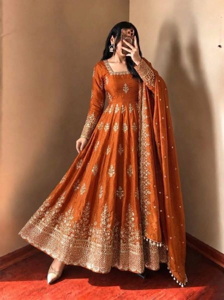 Opulent Orange Fendy Silk Gown with Full Sleeves Design for Bulk Order Ready To Wear Collection