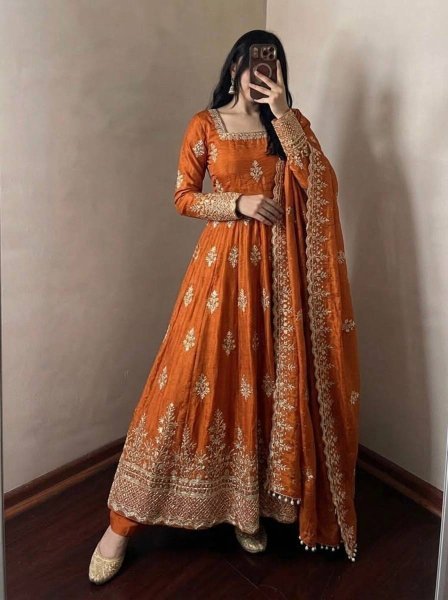 Opulent Orange Fendy Silk Gown with Full Sleeves Design for Bulk Order Ready To Wear Collection