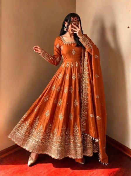 Opulent Orange Fendy Silk Gown with Full Sleeves Design for Bulk Order Ready To Wear Collection