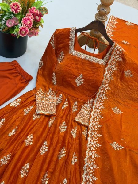 Opulent Orange Fendy Silk Gown with Full Sleeves Design for Bulk Order Ready To Wear Collection