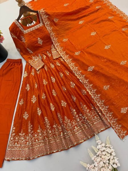 Opulent Orange Fendy Silk Gown with Full Sleeves Design for Bulk Order Ready To Wear Collection