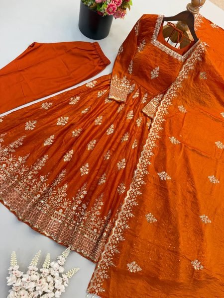 Opulent Orange Fendy Silk Gown with Full Sleeves Design for Bulk Order Ready To Wear Collection
