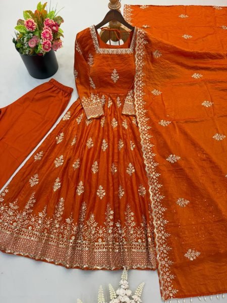 Opulent Orange Fendy Silk Gown with Full Sleeves Design for Bulk Order Ready To Wear Collection