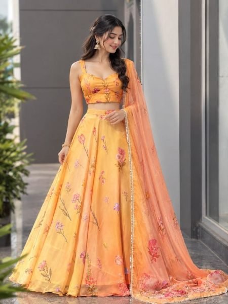 Opulent Orange Pure Soft Organza Digital Printed Lehenga Choli with Katdana Work 