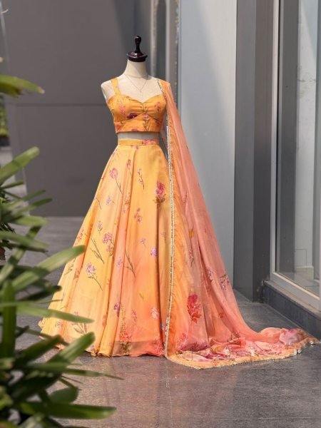 Opulent Orange Pure Soft Organza Digital Printed Lehenga Choli with Katdana Work Designer Lehenga Choli
