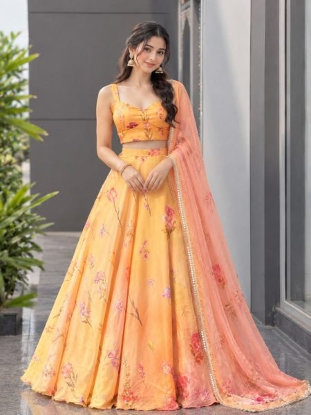 Opulent Orange Pure Soft Organza Digital Printed Lehenga Choli with Katdana Work Designer Lehenga Choli