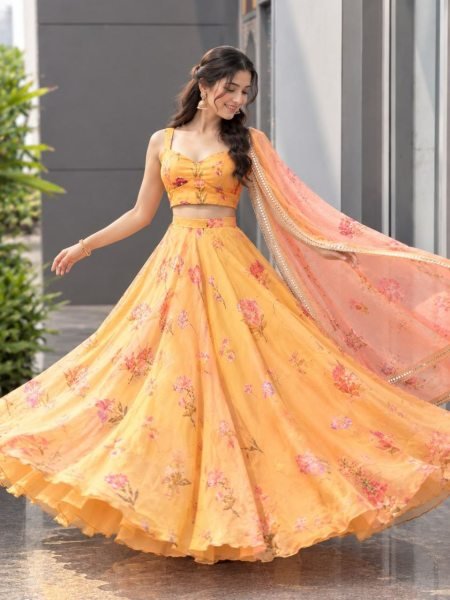 Opulent Orange Pure Soft Organza Digital Printed Lehenga Choli with Katdana Work Designer Lehenga Choli