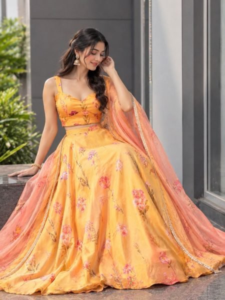 Opulent Orange Pure Soft Organza Digital Printed Lehenga Choli with Katdana Work Designer Lehenga Choli
