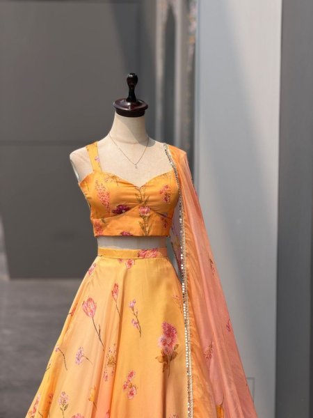 Opulent Orange Pure Soft Organza Digital Printed Lehenga Choli with Katdana Work Designer Lehenga Choli