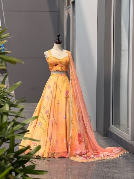 Opulent Orange Pure Soft Organza Digital Printed Lehenga Choli with Katdana Work Designer Lehenga Choli