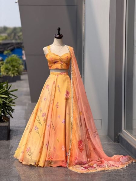Opulent Orange Pure Soft Organza Digital Printed Lehenga Choli with Katdana Work Designer Lehenga Choli