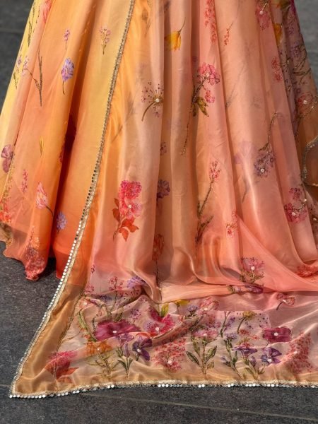 Opulent Orange Pure Soft Organza Digital Printed Lehenga Choli with Katdana Work Designer Lehenga Choli