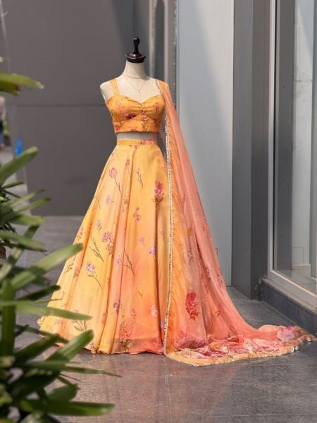 Opulent Orange Pure Soft Organza Digital Printed Lehenga Choli with Katdana Work Designer Lehenga Choli