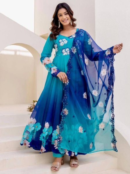 Opulent Organza Gown with Embroidery Sequin Work and Lace Border Dupatta for Occasinal Wear Kurtis