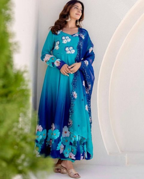 Opulent Organza Gown with Embroidery Sequin Work and Lace Border Dupatta for Occasinal Wear Printed Kurtis