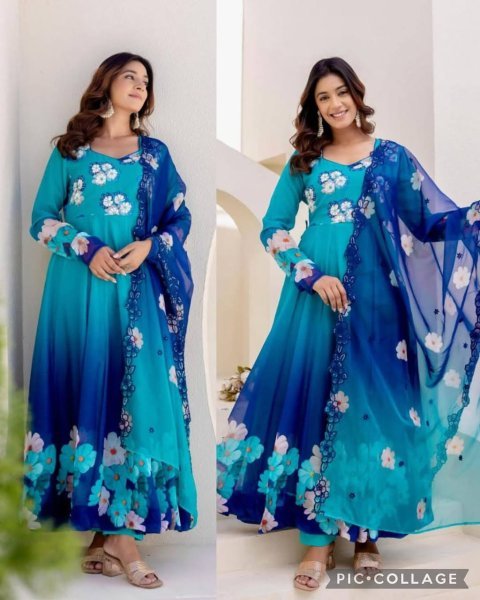 Opulent Organza Gown with Embroidery Sequin Work and Lace Border Dupatta for Occasinal Wear Printed Kurtis