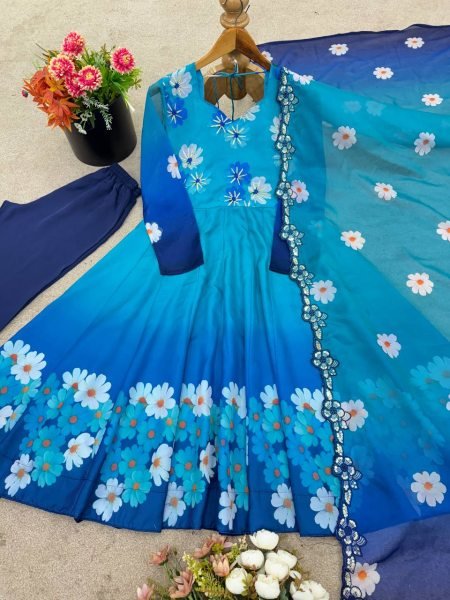 Opulent Organza Gown with Embroidery Sequin Work and Lace Border Dupatta for Occasinal Wear Printed Kurtis