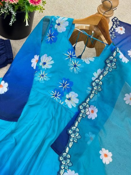 Opulent Organza Gown with Embroidery Sequin Work and Lace Border Dupatta for Occasinal Wear Printed Kurtis