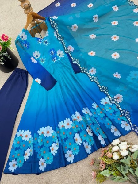 Opulent Organza Gown with Embroidery Sequin Work and Lace Border Dupatta for Occasinal Wear Printed Kurtis