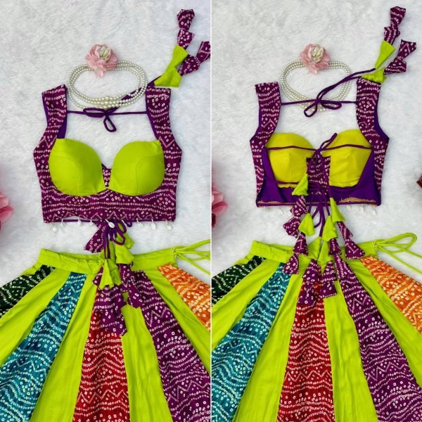 Opulent Parrot Green Heavy Rayon Digital Print Lehenga with 6 Meter Grand Flair Navratri Lehnega Choli