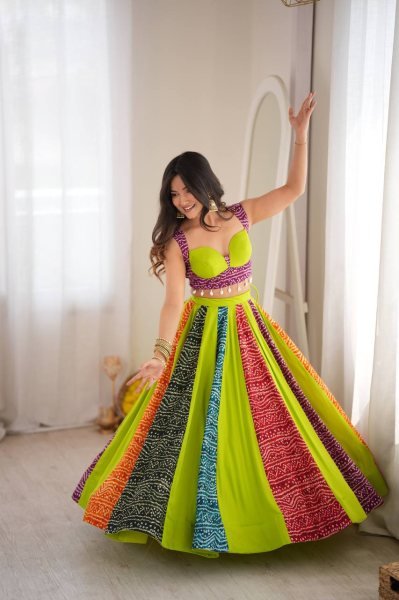 Opulent Parrot Green Heavy Rayon Digital Print Lehenga with 6 Meter Grand Flair Navratri Lehnega Choli