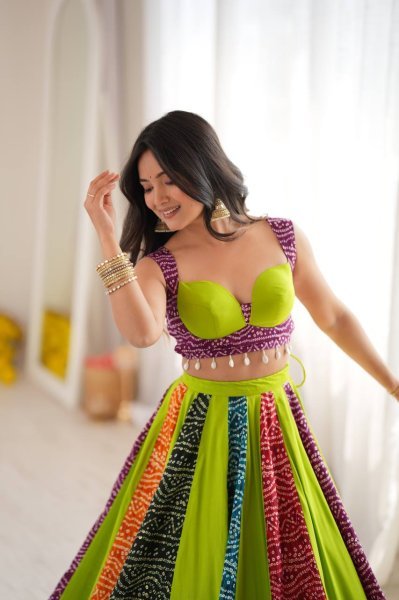 Opulent Parrot Green Heavy Rayon Digital Print Lehenga with 6 Meter Grand Flair Navratri Lehnega Choli