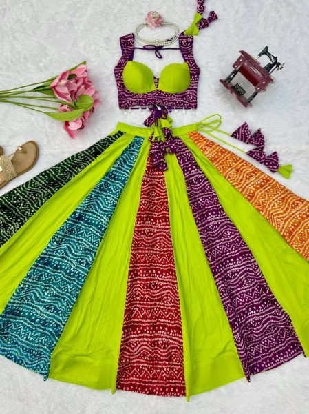Opulent Parrot Green Heavy Rayon Digital Print Lehenga with 6 Meter Grand Flair Navratri Lehnega Choli