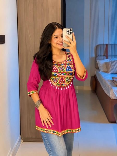 Opulent Pink Designer Heavy Rayon Short Top with Real Mirror and Gamthi Lace For Garba