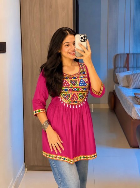 Opulent Pink Designer Heavy Rayon Short Top with Real Mirror and Gamthi Lace For Garba Tunics kurti