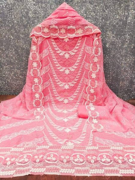 Opulent Pink Georgette Heavy Multi Siffly Work Top Bottom Dupatta Set at Manufacturer  
