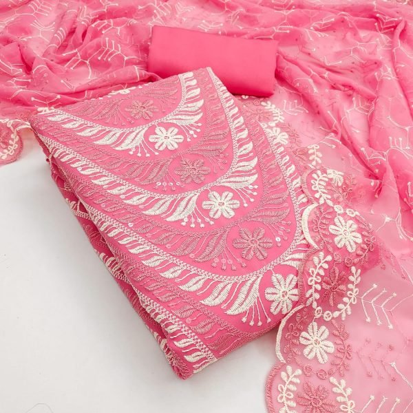 Opulent Pink Georgette Heavy Multi Siffly Work Top Bottom Dupatta Set at Manufacturer  Color Set Matching Dress Material Wholesale