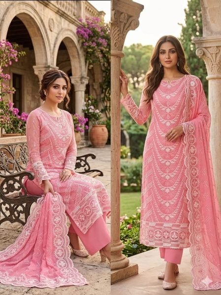 Opulent Pink Georgette Heavy Multi Siffly Work Top Bottom Dupatta Set at Manufacturer  Color Set Matching Dress Material Wholesale