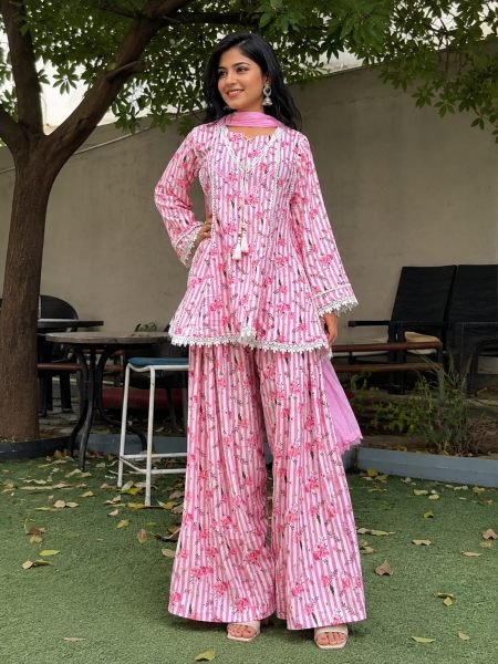 Opulent Pink Heavy Pure Natural Crepe Farshi Pant Suit with Nazmin Dupatta Ready To Wear Suit