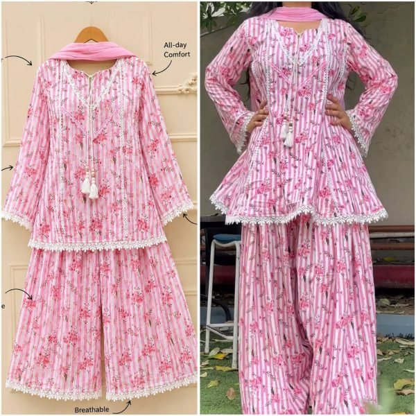 Opulent Pink Heavy Pure Natural Crepe Farshi Pant Suit with Nazmin Dupatta Ready To Wear Collection