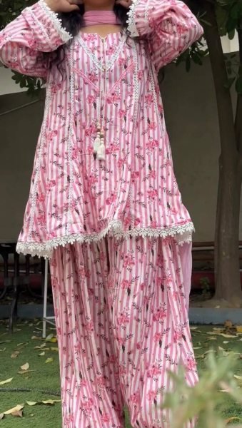 Opulent Pink Heavy Pure Natural Crepe Farshi Pant Suit with Nazmin Dupatta Ready To Wear Collection