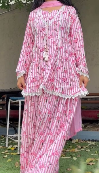 Opulent Pink Heavy Pure Natural Crepe Farshi Pant Suit with Nazmin Dupatta Ready To Wear Collection