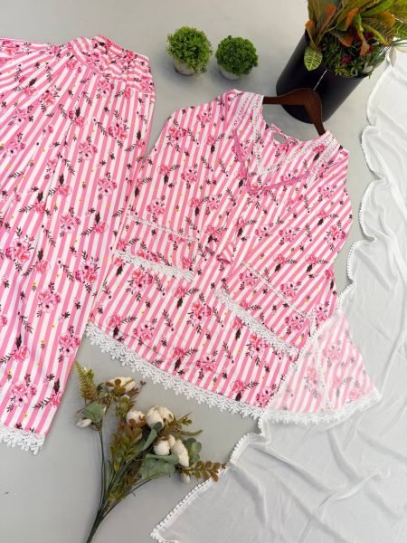Opulent Pink Heavy Pure Natural Crepe Farshi Pant Suit with Nazmin Dupatta Ready To Wear Collection