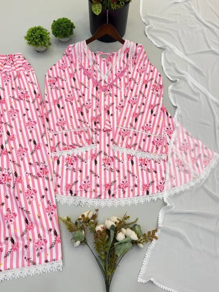 Opulent Pink Heavy Pure Natural Crepe Farshi Pant Suit with Nazmin Dupatta Ready To Wear Collection