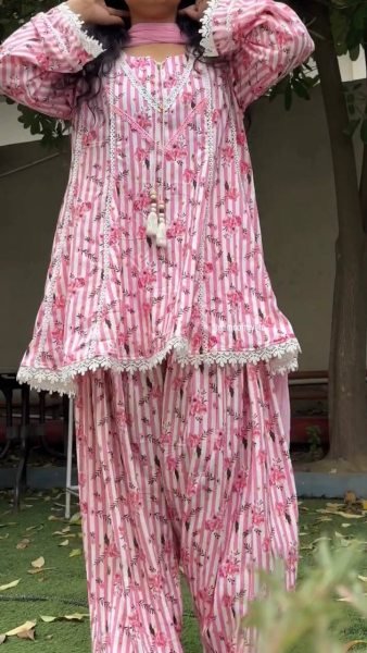 Opulent Pink Heavy Pure Natural Crepe Farshi Pant Suit with Nazmin Dupatta Ready To Wear Collection