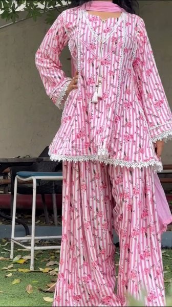 Opulent Pink Heavy Pure Natural Crepe Farshi Pant Suit with Nazmin Dupatta Ready To Wear Collection