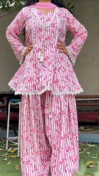 Opulent Pink Heavy Pure Natural Crepe Farshi Pant Suit with Nazmin Dupatta Ready To Wear Collection