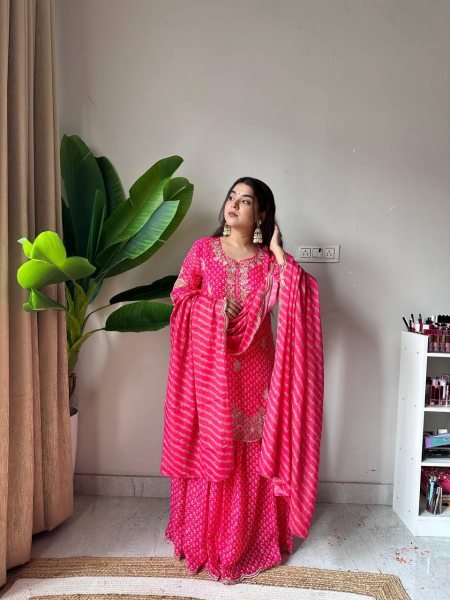 Opulent Pink Printed Chinon Embroidered Kurti Sharara with Dupatta for Wedding Wear at Wholesale Rate  Ready To Wear Collection